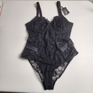 Playful Promises Revolution Black Lace Underwire Bodysuit 38F Full Bust